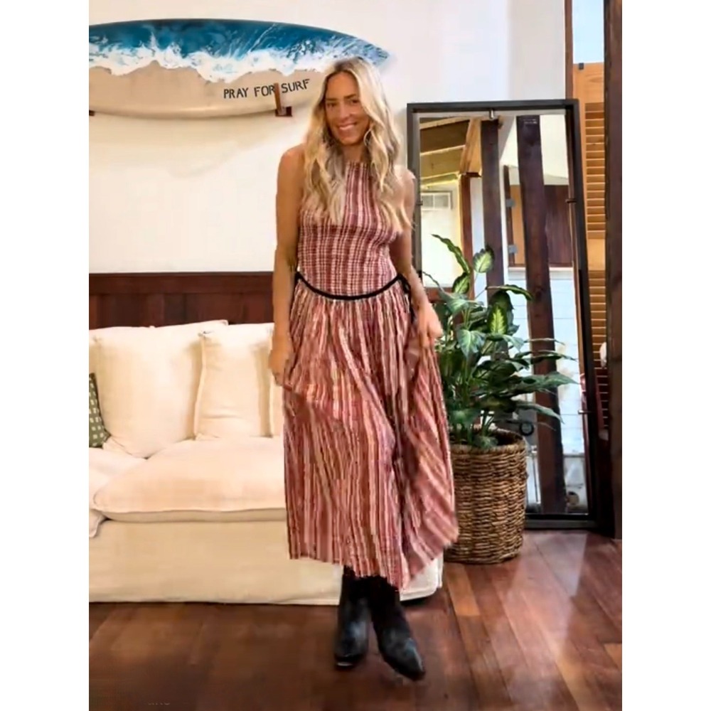 Free People Womens Nightingale Red Plaid Smocked Midi Dress Boho Sz Lg $245 MSRP - Picture 8 of 16